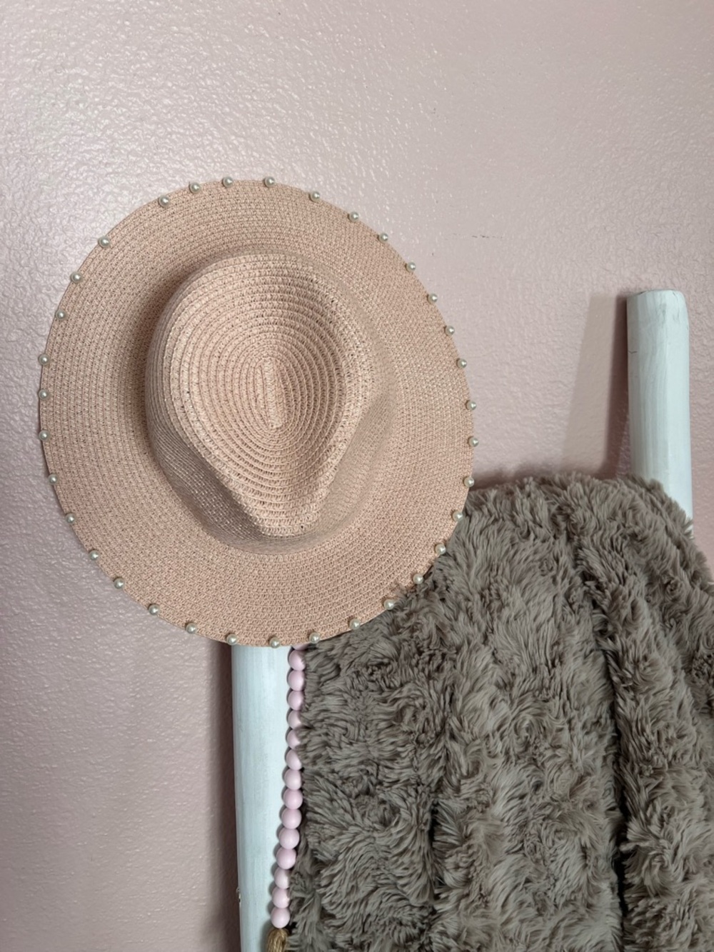 Light Pink Sun Hat with Pearl Trim